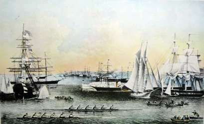 Illustration de Currier & Ives du 19ème siècle. Scènes estivales de navires dans le port de New York